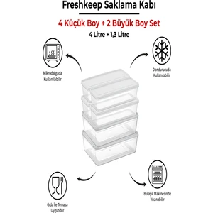 6 Adet Saklama Kabı (2 Büyük-4 Orta Boy) 4 Litre + 1,3 Litre Derin Dondurucu Mikrodalga Uyumlu