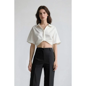Cropped Fit Gömlek Yaka Keten Görünümlü Kısa Kollu Bluz C7799AX25SP