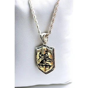 Gümüş Kaplama Krom-Çelik Erkek Kolye Madalyon Spartalı Şovalye Kalkan