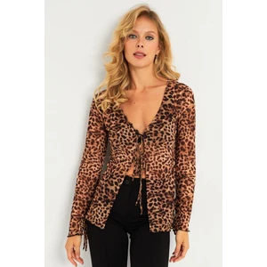 Kadın Camel-Siyah Leopar Desenli Tül  Bluz GÇ175