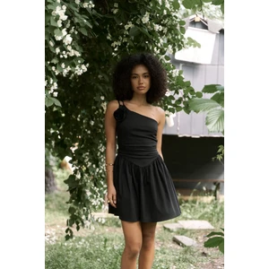 Lissa Tek Omuz Gül Detay Siyah Mini Elbise