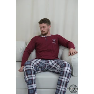 Bordo Ekose Desenli Düğmeli Uzun Kol Erkek Pijama Takımı