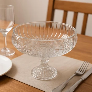 El Yapımı Ayaklı  Büyük Boy Cam Salata Meyve Çerez Makarna Sunum Kasesi Şeffaf 23 cm