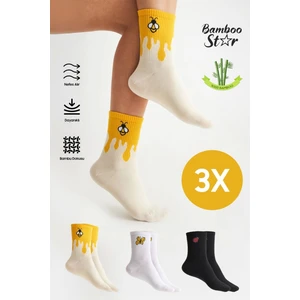 Bambu Kadın Dikişsiz (Arı-Kelebek-Uğur Böcek) Desenli Tenis Soket Premium Çorap 3lü