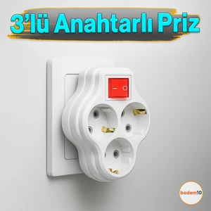 3'lü Beyaz Grup Priz Golyat Düğmeli Fiş Kablosuz Açma Kapamalı Anahtarlı Topraklı Çoklu Çoğaltıcı