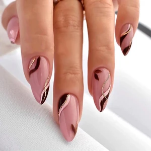 Tips Art Bordo Pembe Simli Badem 24’lü Takma Tırnak Seti ve Zararsız Yapıştırıcı