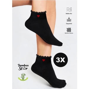 Bamboo Star Bambu Kadın Kalp Desenli Fırfırlı Patik Lastiksiz Dikişsiz 3lü Siyah Çorap