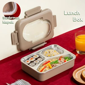 3010-1 Paslanmaz Çelik 3 Bölmeli Vakumlu Yemek Termosu Beslenme Kutusu Taşınabilir Lunch Box Sefer Tası - Kahve