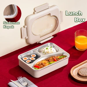 3110 Paslanmaz Çelik 3 Bölmeli Vakumlu Yemek Termosu Beslenme Kutusu Taşınabilir Lunch Box Sefer Tası - Krem