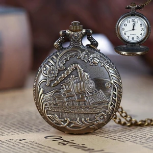 Retro Vintage Kabartmalı Dumanlı Tren Çiçek Motifli Zarif Köstekli Cep Saat