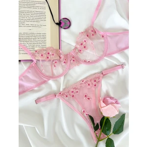 Jenna Pembe Brode Balenli Kapsız Çiçek Desenli Iç Çamaşırı Takımı