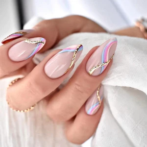 Tips Art Simli Pembe Mavi Çizgili Badem 24’lü Takma Tırnak Seti & Zararsız Yapıştırıcı