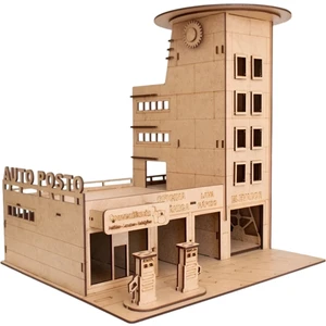 Ahşap Benzinlik ve Otopark Maketi - 67 Parça 3D Puzzle Katlı Otopark Seti