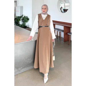 Düğme Detaylı Kolsuz Tesettür Elbise Çikolata Kahve