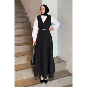 Düğme Detaylı Kolsuz Tesettür Elbise Siyah