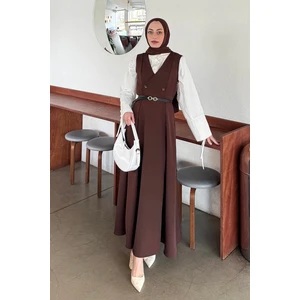 Düğme Detaylı Kolsuz Tesettür Elbise Acı Kahverengi