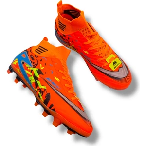 Çoraplı Unisex Krampon Halısaha & Çimsaha Ayakkabı Neon Turuncu Desenli