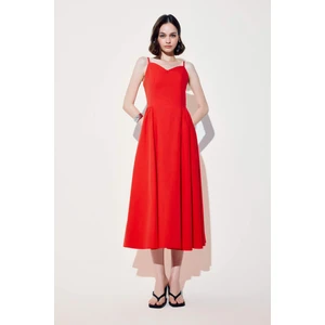 V Yaka Poplin Askılı Kırmızı Midi Elbise F7075AX25SM