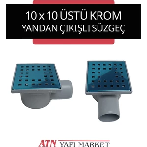 10X10 Üstü Krom Kare Yer Süzgeci – 50'lik Yandan Çıkışlı Su Gideri – Banyo, Balkon, Teras Tahliye Izgarası