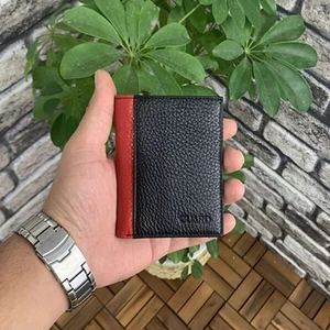 AsyaClub Derije Hakiki Deri Siyah/Kırmızı Minimal Erkek Cüzdanı (T1585)