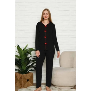 Fiyonklu Kadın Pijama Takımı - Siyah Puantiyeli Uzun Kol Likralı 2828UY