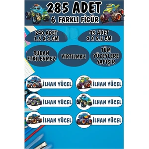 Okul Etiketi Kalem Defter Etiketi Monster Arabalar Özel Isimli Etiket 6 Figür - 285 Adet