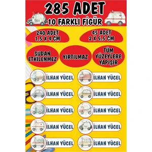 Okul Etiketi Kalem Defter Etiketi Arabalar Temalı Özel Isimli Etiket 10 Figür - 285 Adet