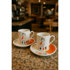 Rgs Homelife - Özel Tasarım 2'li Kedi Desenli Porselen Kahve Fincan Seti 4 Parça "%100 Yerli Ürün"
