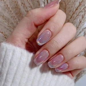 Tips Art Açık Pembe Kedi Gözü Kare Kısa 24’lü Takma Tırnak Seti ve Zararsız Yapıştırıcı