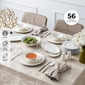 New Bone Frezya 56 Parça 12 Kişilik Yuvarlak Yemek Takımı Platin