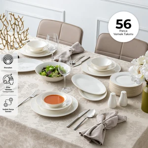 New Bone Frezya 56 Parça 12 Kişilik Yuvarlak Yemek Takımı Gold