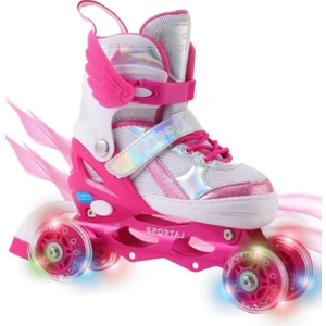 Melek Kanatlı Işıklı Çocuk Pateni Silikon Teker Ayarlanabilir Paten Taşıma Çantalı Fuşya