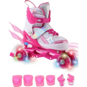 Melek Kanatlı Işıklı Çocuk Pateni ve Dizlik Seti Silikon Teker Ayarlanabilir Paten Çantalı Fuşya