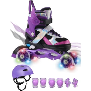Melek Kanatlı Işıklı Çocuk Pateni Kask ve Dizlik Seti Silikon Teker Ayarlanabilir Paten Çantalı