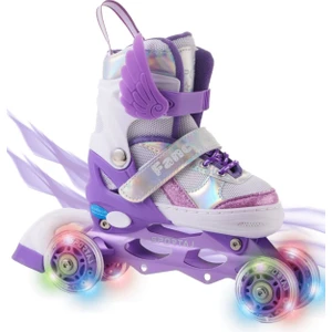 Melek Kanatlı Işıklı Çocuk Pateni Silikon Teker Ayarlanabilir Paten Taşıma Çantalı Lila