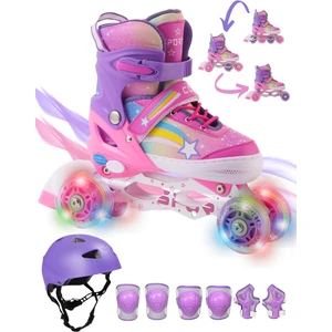 Yıldız Gökkuşağı Işıklı Kız Çocuk Pateni Kask ve Dizlik Seti Silikon Teker Ayarlanabilir Taşıma