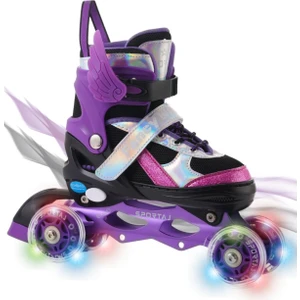 Melek Kanatlı Işıklı Çocuk Pateni Silikon Teker Ayarlanabilir Paten Taşıma Çantalı Mor