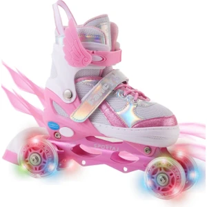 Melek Kanatlı Işıklı Çocuk Pateni Silikon Teker Ayarlanabilir Paten Taşıma Çantalı Pembe