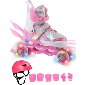 Melek Kanatlı Işıklı Çocuk Pateni Kask ve Dizlik Seti Silikon Teker Ayarlanabilir Paten Çantalı