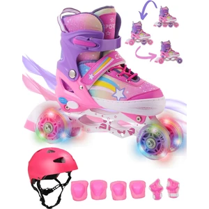 Yıldız Gökkuşağı Işıklı Kız Çocuk Pateni Kask ve Dizlik Seti Silikon Teker Ayarlanabilir Taşıma