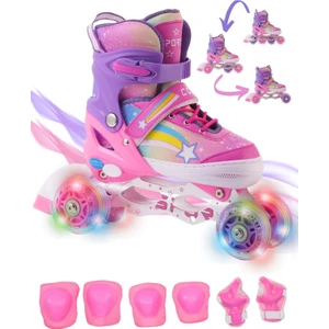 Yıldız Gökkuşağı Işıklı Kız Çocuk Pateni ve Dizlik Seti Silikon Teker Ayarlanabilir Taşıma Çantalı