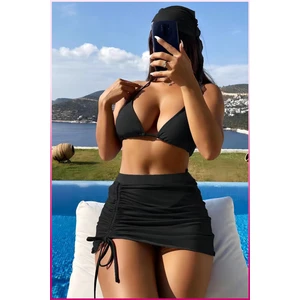 Kadın Siyah 3 Parça Bikini Takımı  Yan Büzgülü Uzun Etekli
