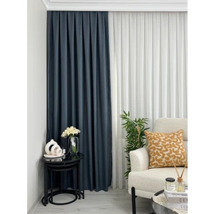 Indigo Keten Fon Perde Sık Pile