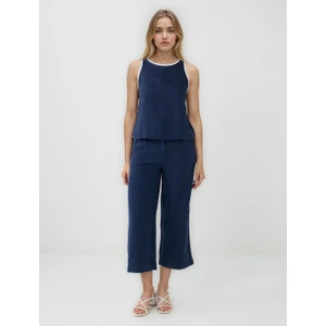 Jimmy Key Lacivert %100 Keten Rahat Kesim Yüksek Bel Bol Paça Dokuma Pantolon