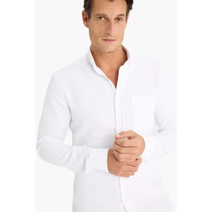 Slim Fit Dar Kesim Polo Yaka Dokulu Uzun Kollu Beyaz Gömlek T2066AZ25SP