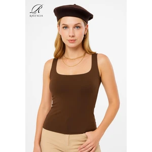 Kadın Premium Kalite Kahverengi Kalın Askılı Havuz Yaka Bluz