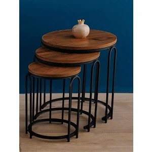 3' Lü Koyu Ceviz Ahşap Siyah (Statik) Ayak Lenka Metal Sehpa Takımı Sedaş-Zigon-Sehpa