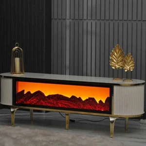 Şömineli Tv Sehpası Gold Ayak Bluetooth Hoparlörlü 3 Renk Mavi,kirmizi,turuncu Kumandali 160 cm