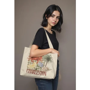 Baskılı Körüklü Kanvas Bez Çanta Charleston, Tote, Yengeçli, Yengeç, Günlük ve Plaj Kullanıma Uygun