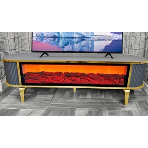 Şömineli Tv Sehpası Gold Ayak Bluetooth Hoparlörlü 3 Renk Mavi,kirmizi,turuncu Kumandali 160 cm